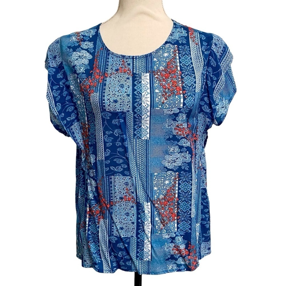 Feathers by Tolani Floral Patchwork Blouse Blue Red White Modal Boho Top Small